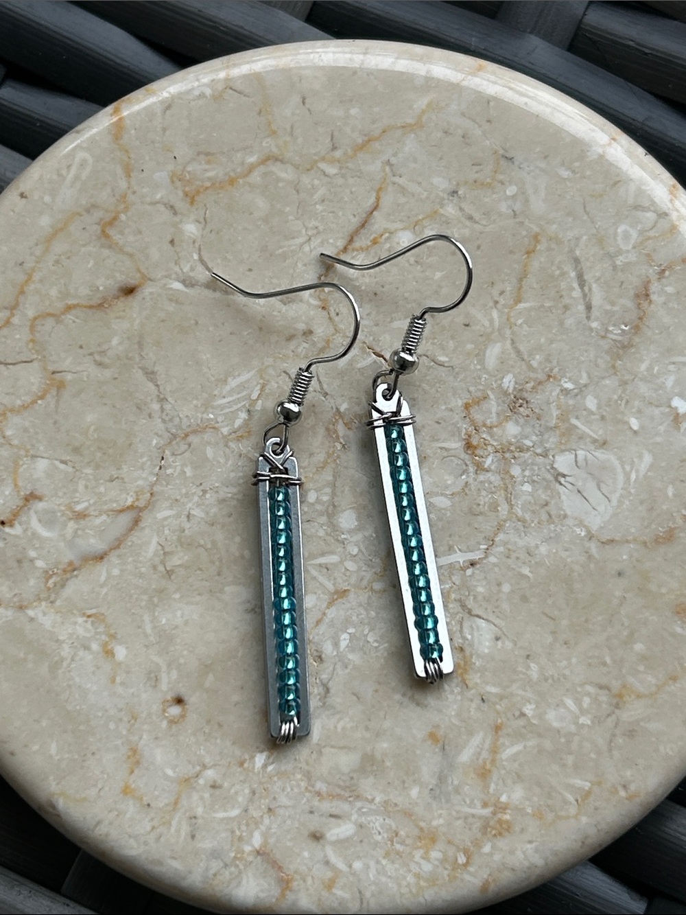 Silver Bar Earrings with Teal Beaded Accent